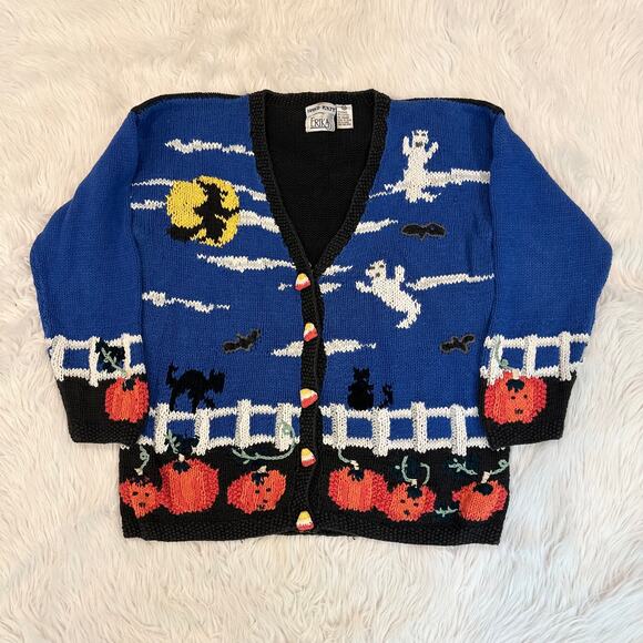 Vintage 90's Halloween Hand Knit Cardigan Chunky Pumpkin Cat Witch Sweater - Picture 1 of 9